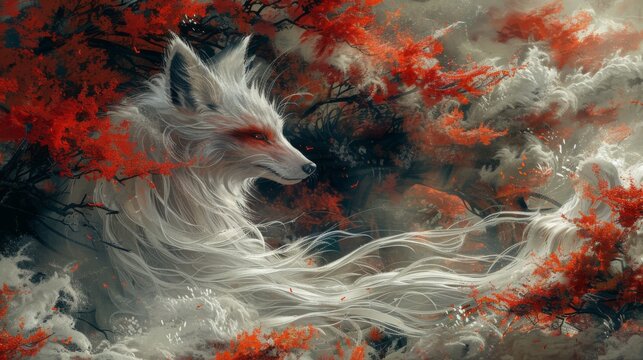 Mythical creatures. a beautiful kitsune with long, flowing hair and fox ears in the style of an ancient Japanese art piece depicting a goddess next to her large white fox companion.