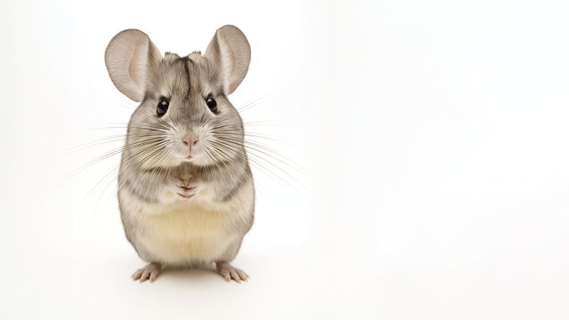 Niedliche wei&szlig;e Chinchilla Maus steht aufrecht auf Hinterpfoten vor wei&szlig;em Hintergrund im Studio