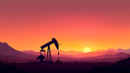 Oil pump extracting crude oil at sunset in desert landscape