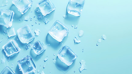Ice Cubes and Water Droplets on Light Blue Background