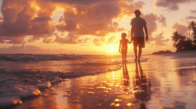 Father and his son walking hand in hand along the beach at sunset with colorful skies and waves