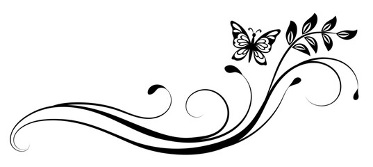 Wave ornament with leaves and butterfly. Text divider. Decorative element for decor and text greeting or invitation card design.