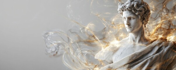 A classical marble statue with dynamic flowing golden wisps