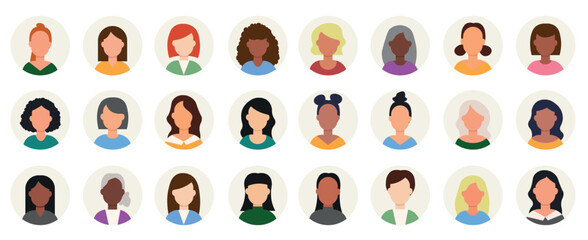 Set of woman persons, avatars, people heads of different ethnicity and ages in flat minimal style.