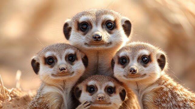 This delightful photo captures a group of playful meerkats huddled together, exuding an aura of playfulness and companionship against a warm, natural backdrop.