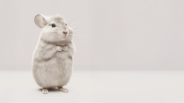Niedliche wei&szlig;e Chinchilla Maus steht aufrecht auf Hinterpfoten vor wei&szlig;em Hintergrund im Studio