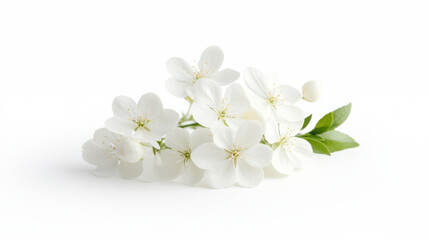 Obraz premium A delicate arrangement of fresh white flowers with green leaves on a white background. isolated on white background.
