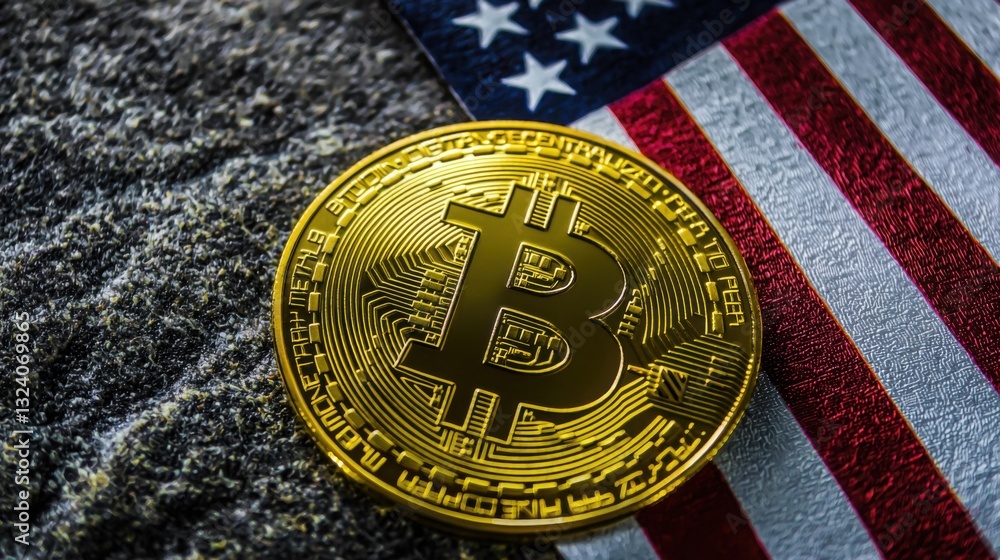 Aufkleber close-up of a bitcoin coin resting on a flag symbolizing the growing interest in altcoin investment 