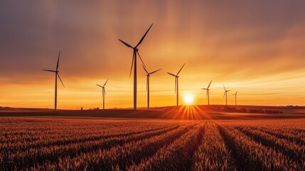 A beautiful countryside landscape with multiple wind turbines against a golden sunset