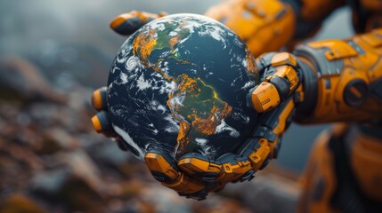 Earth ball in robots hand, AI assisting humans in solving global challenges such as climate change, poverty, and hunger, symbolizing the potential of AI to create a better future.