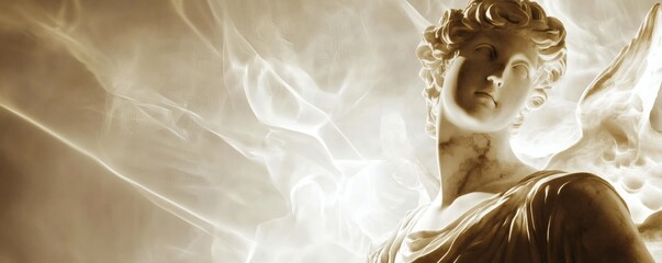 A detailed depiction of a sculpture of a winged angel appears