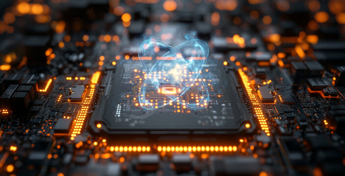 A detailed view of a quantum computer circuit board, featuring illuminated qubits and their interactions. This illustration emphasizes concepts of superposition and entanglement in modern computing.
