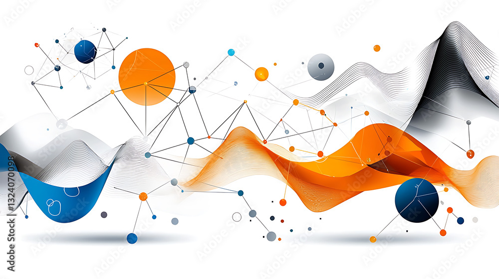Poster dynamic abstract art composition featuring geometric shapes and waves digital environment vibrant co