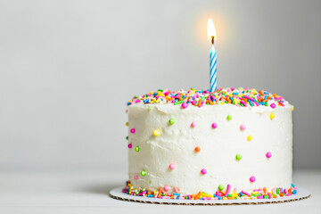 A delicious white cake with colorful sprinkles and a single candle lit on top. isolated on white background.