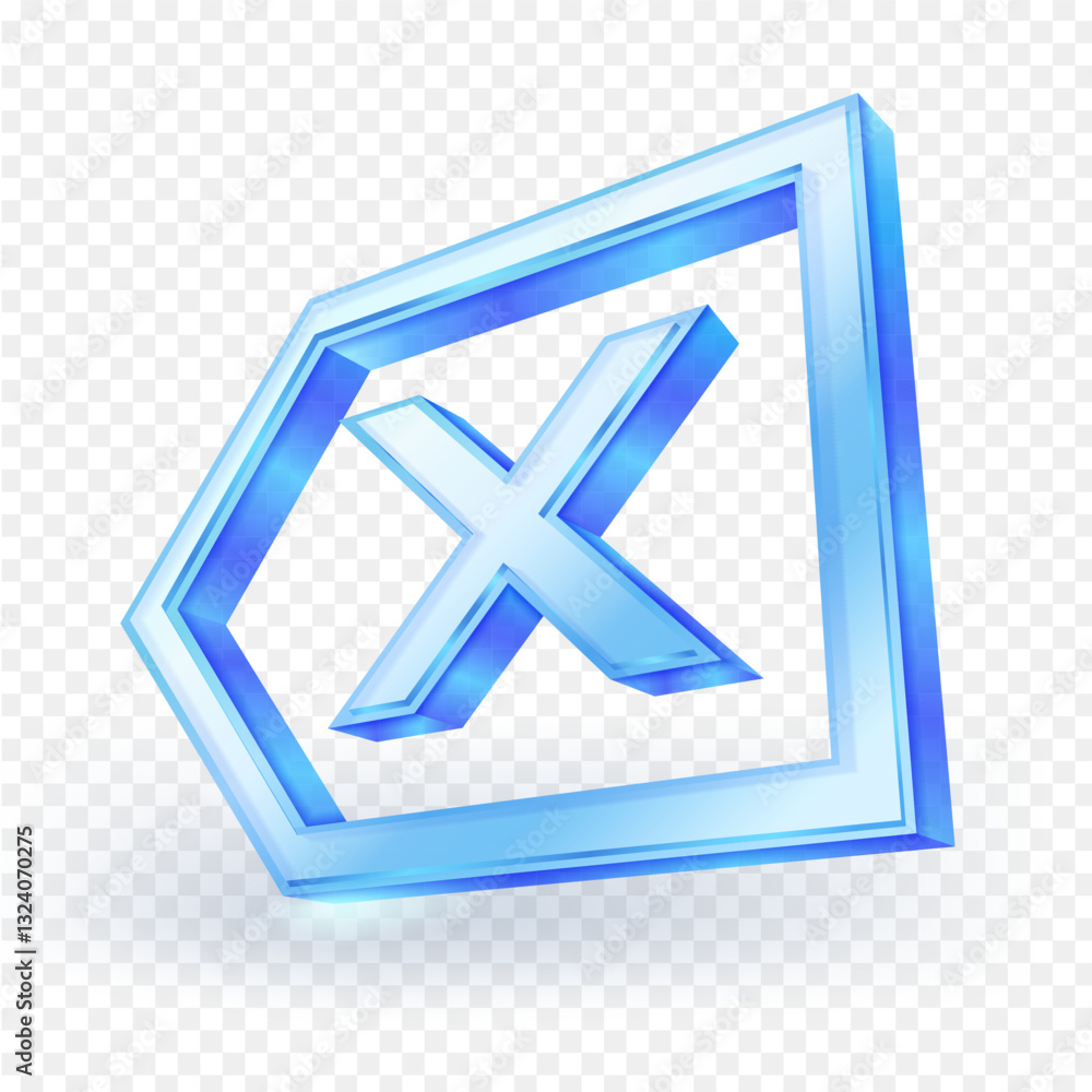 Poster 3d delete icon or backspace symbol on the keyboard is made of transparent glass material. vector ill