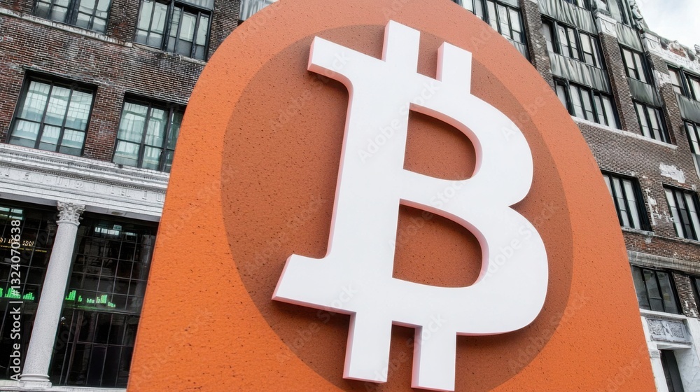 Poster prominent bitcoin sign displayed in front of a modern building symbolizing the rise of bitcoin tradi