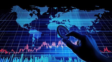 Hand holding a magnifying glass with a world map in the background highlighting global bitcoin trading opportunities