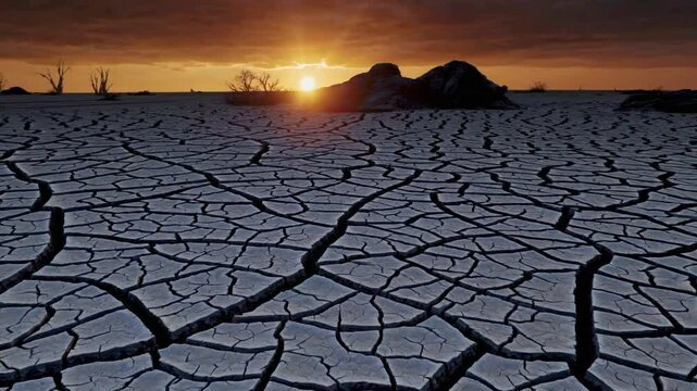  depicting a dramatic landscape of cracked, parched earth stretching endlessly under an intense, glowing orange sky. 