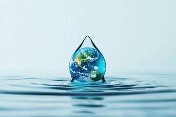 Fototapeta premium A droplet of water captures the Earth, symbolizing environmental awareness and care.