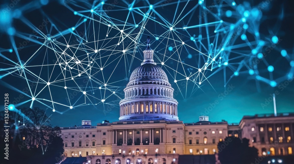 Poster iconic capitol building surrounded by a network of dots representing blockchain marketplace connecti