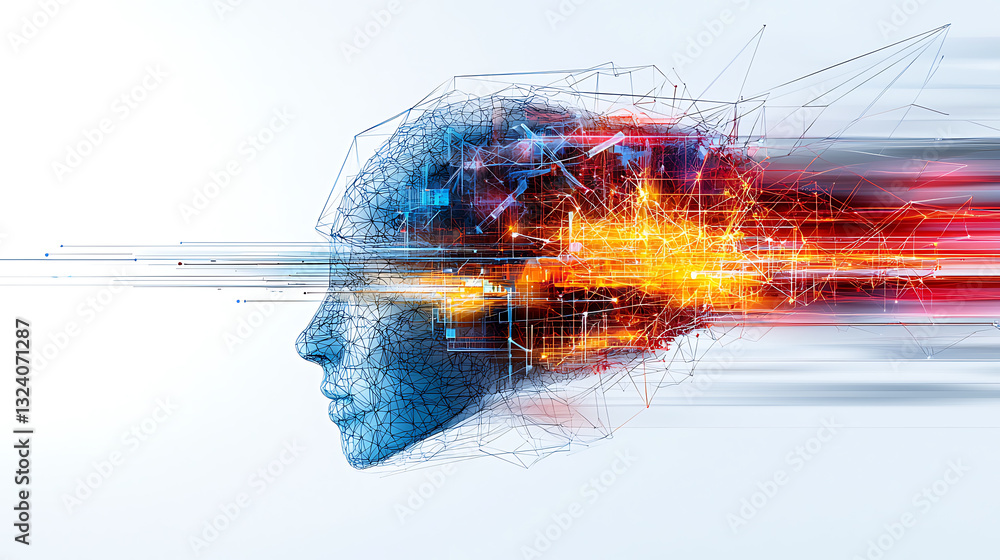 Poster dynamic fusion of technology and human thought digital realm abstract art futuristic side view innov