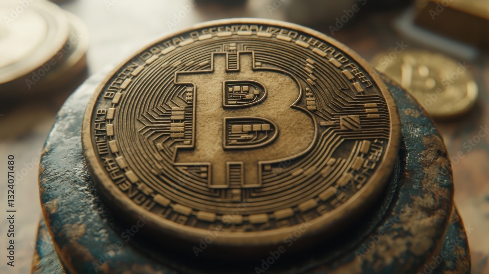 Poster golden bitcoin placed on a table reflecting the intricacies of blockchain network interface and digi