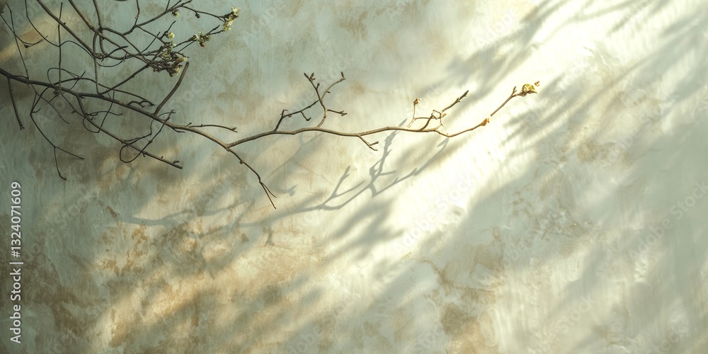 Poster a delicate branch casts intricate shadows on a softly lit textured wall.