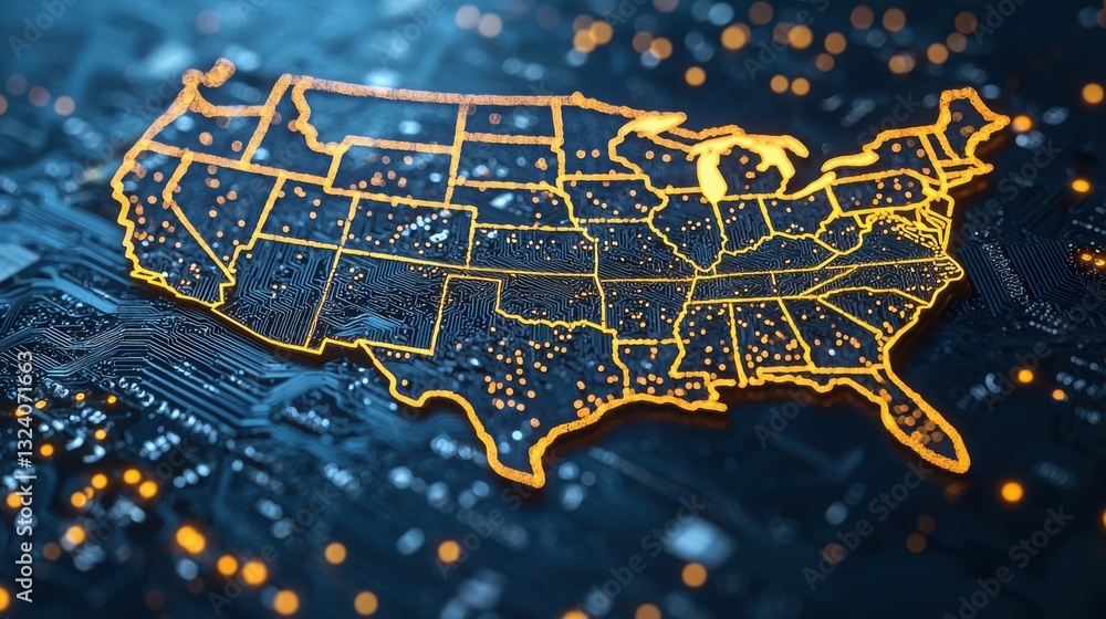 Poster abstract representation of the united states on a circuit board symbolizing blockchain security and 