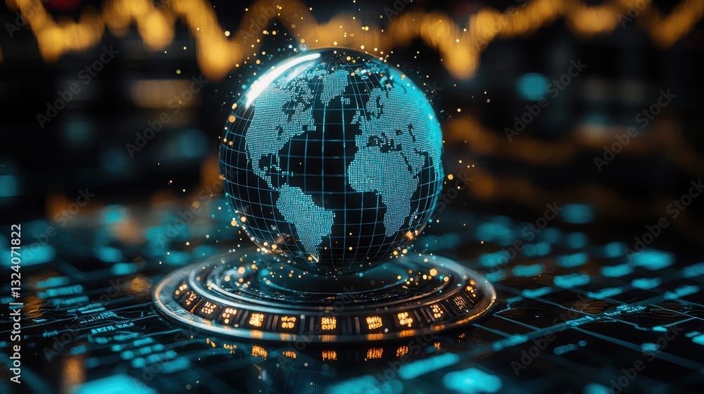 Poster globe positioned on a computer keyboard illustrating the intersection of global trade and blockchain