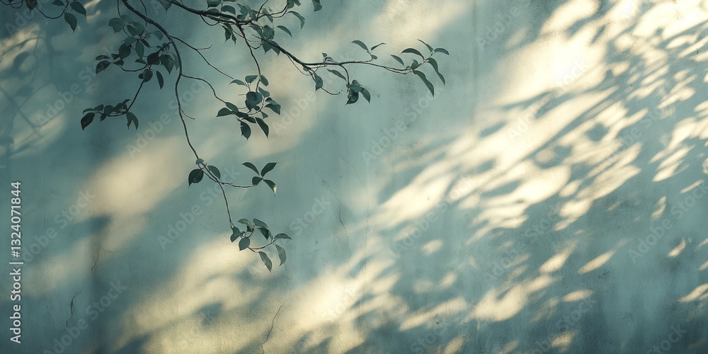 Poster soft green leaves casting delicate shadows on a textured wall, creating a tranquil and serene atmosp