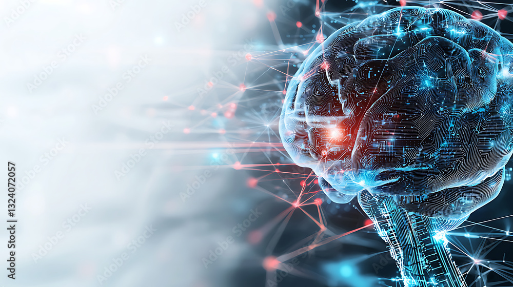 Poster exploring artificial intelligence concepts virtual environment digital art futuristic setting close-