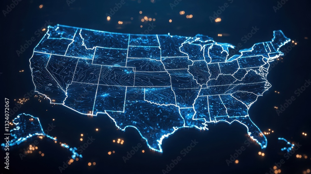 Poster comprehensive map of the united states depicting the flow of blockchain transactions across various 