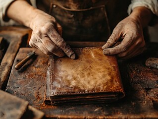 Leather crafting artisan working on a handmade wallet traditional tools vintage style rich textures warm tones detailed craftsmanship rustic workshop