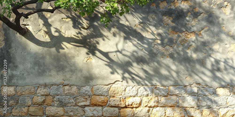 Poster a textured wall with shadows from a leafy tree branch, showcasing a beautiful interplay of light and