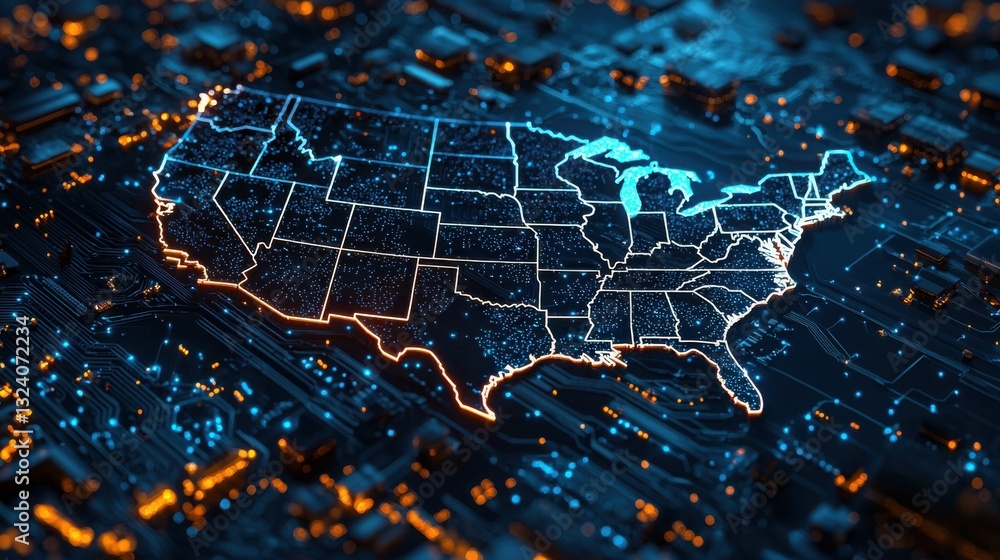 Poster detailed map of the united states showcasing blockchain wallet interface and locations for digital c