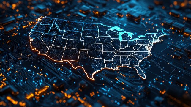 Detailed map of the united states showcasing blockchain wallet interface and locations for digital currency usage - Powered by Adobe