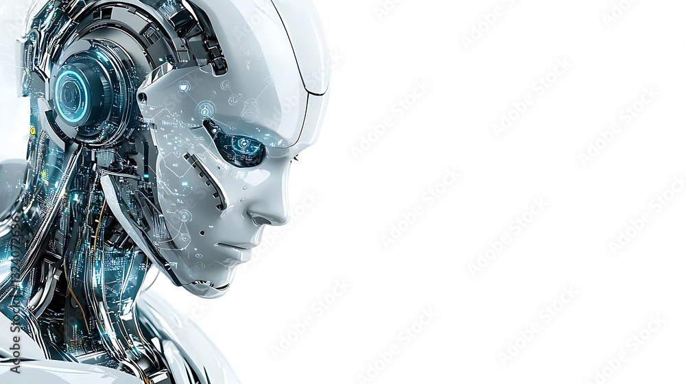 Poster exploring advanced robotics futuristic ai technology digital universe conceptual art sci-fi setting 