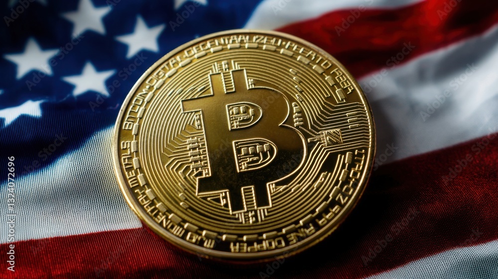 Poster bitcoin coin displayed prominently on a flag symbolizing global financial systems and crypto exchang