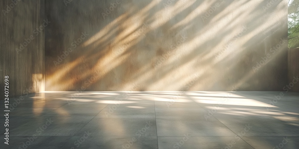 Poster a serene empty room with soft light streaming through, highlighting the textured walls and polished 