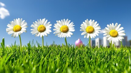Five White Daisies in Green Grass Against City Skyline
