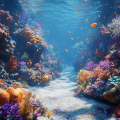 Naklejka premium A colorful underwater scene with a sandy bottom and a variety of fish swimming around. Scene is peaceful and serene, as the vibrant colors of the coral and fish create a sense of calmness