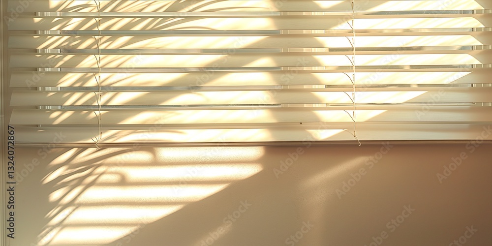 Poster warm sunlight casting delicate shadows through blinds, creating a tranquil and inviting atmosphere.