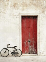 A vintage bicycle leans against a rustic red door, set against a weathered wall, evoking a sense of nostalgia and charm.