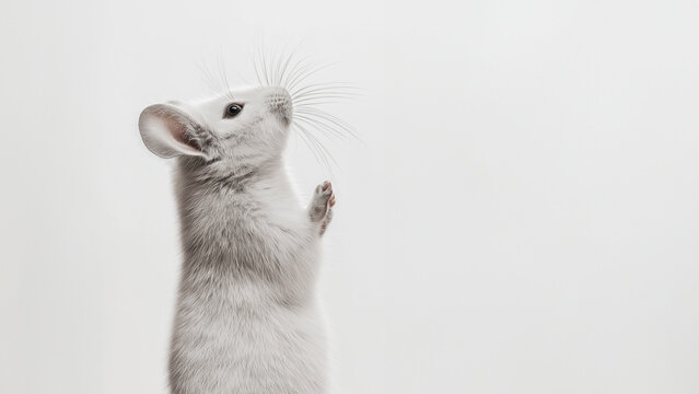 Niedliche wei&szlig;e Chinchilla Maus steht aufrecht auf Hinterpfoten vor wei&szlig;em Hintergrund im Studio