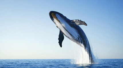 Fototapeta premium A majestic whale breaches the calm ocean surface under a clear blue sky.