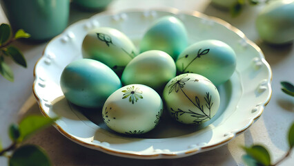 Top view on a white ornamented plate on table. Plate is full of colored Easter eggs - green, grey, light blue. Muted colors. Ornament on eggs. Easter food and traditions