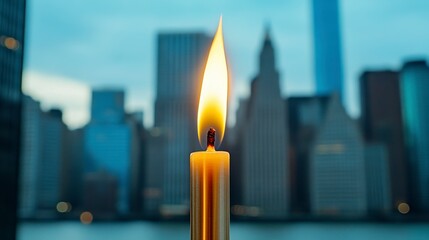 Candle Flame Glowing Against City Skyline at Dusk