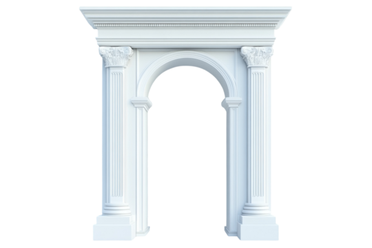 Elegant white archway with classical columns in a minimalist interior setting isolated on transparent background