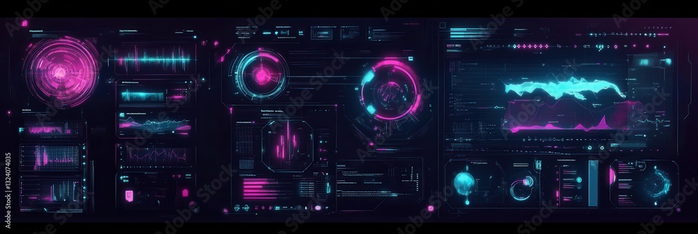 Fototapete futuristic cyberpunk dashboard with neon typography and digital hud overlays for tech-driven graphic