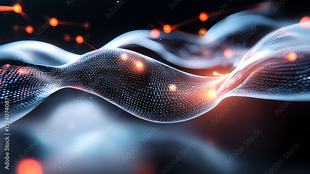 Poster dynamic wave of light particles digital realm abstract art futuristic environment close-up view conc